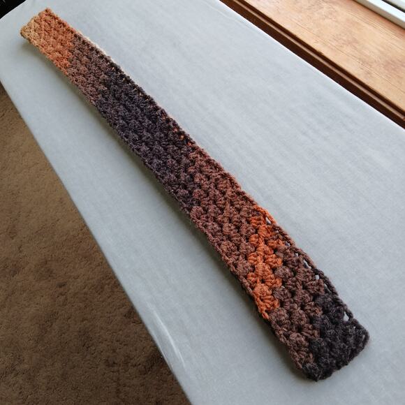 Latte Stripe Crochet Neck Tie Scarf handmade unisex brown diagonal washable - Picture 4 of 7